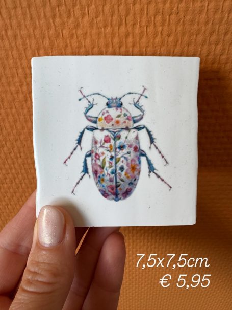 Hand met een vierkante tegel van 7,5x7,5 cm met een gekleurde keverafbeelding.